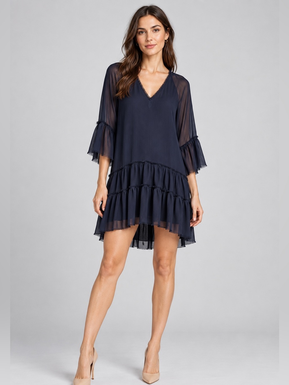 ALICE + OLIVIA Zoey Mini Dress Women’s Small Tiered Semi Sheer Shift Navy F